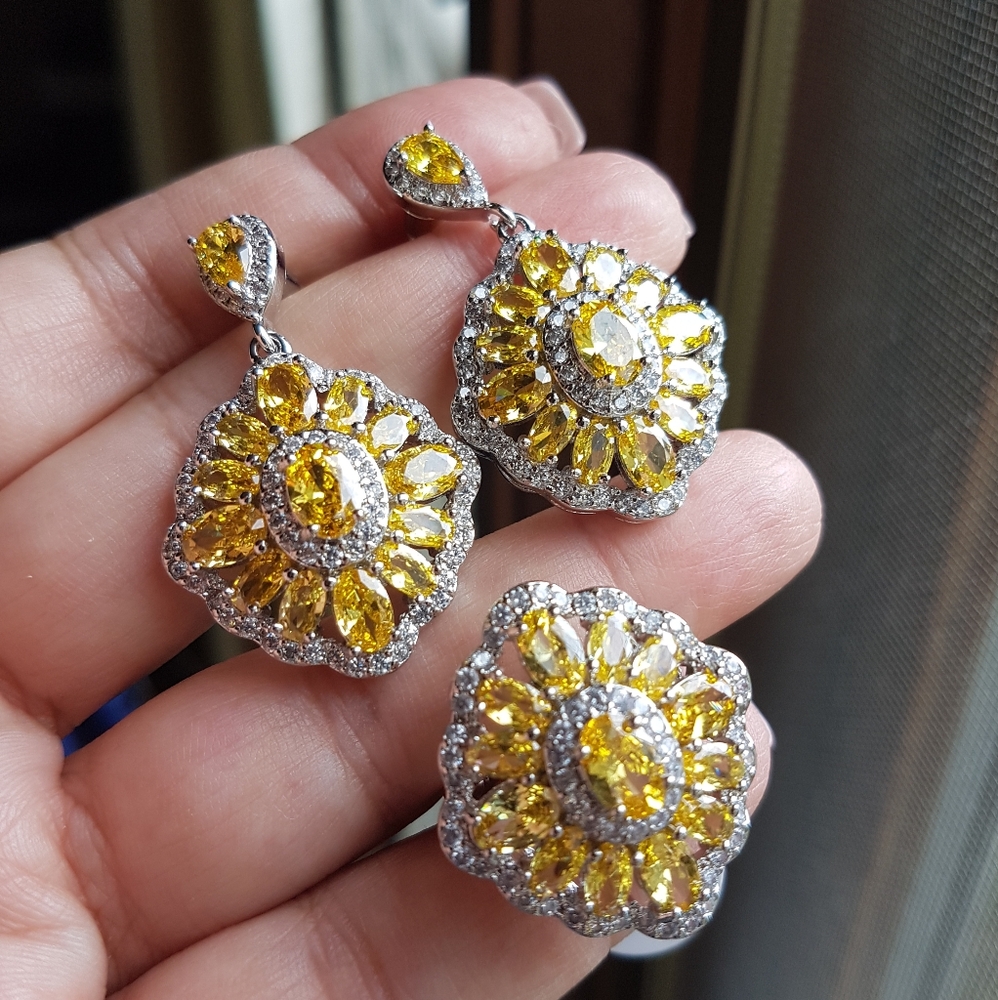 Swarovski Elements Citrine Yellow 925 Sterling Silver Earrings & Ring SET NEW - Picture 4 of 16